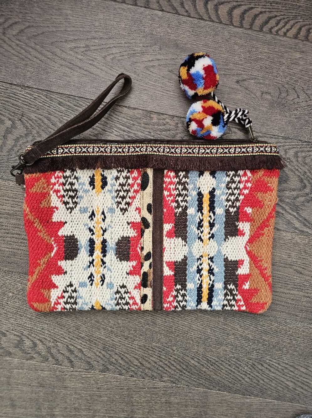 Lovestitch Boho Southwestern Woven Kilim Clutch Wristlet with Pom Poms NWT